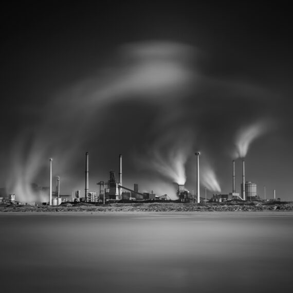 Cloud maker with fumes from Tata steel in black and white